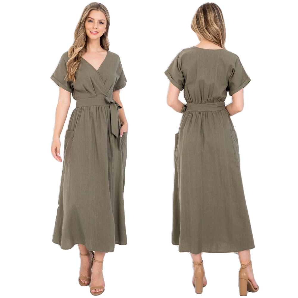 LAST ONE❗ILLA ILLA Chic Olive Surplice Wrap Around Midi Dress - Picture 7 of 10